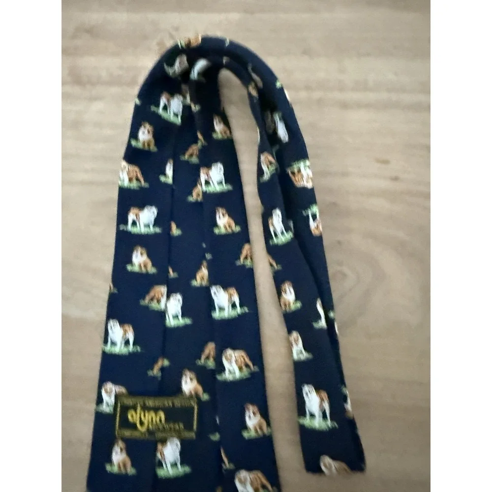 Alynn Neckwear English Bulldog Novelty Tie Navy Blue 100% Silk Made in USA